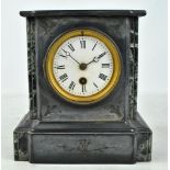 A late 19th century French black slate mantel clock with white enamel dial, height 22cm (dial af).