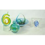 A small group of glass including Mdina vase, turquoise bowl, paperweight, etc (6).