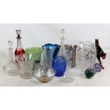 A mixed group of glass including dome, three decanters, coloured vases, etc,