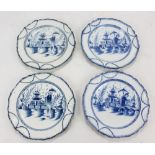 A set of four 18th century Liverpool porcelain chinoiserie decorated shaped circular plates with