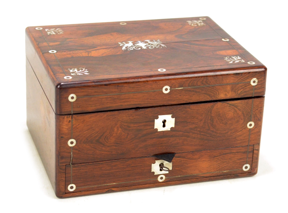 An early Victorian rosewood and mother of pearl inlaid travelling case or vanity box,