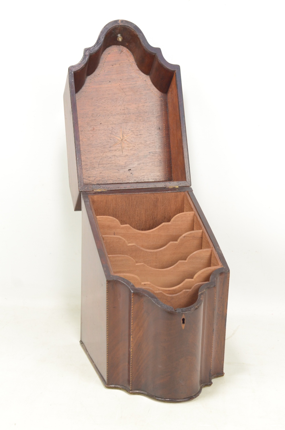 A George III mahogany and chevron strung knife box of serpentine outline with hinged lid, - Image 2 of 3