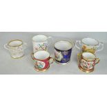 Two large Coalport floral painted mugs and four Coalport painted loving cups with inscriptions,