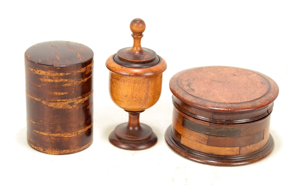 A 19th century specimen wood circular box and cover,