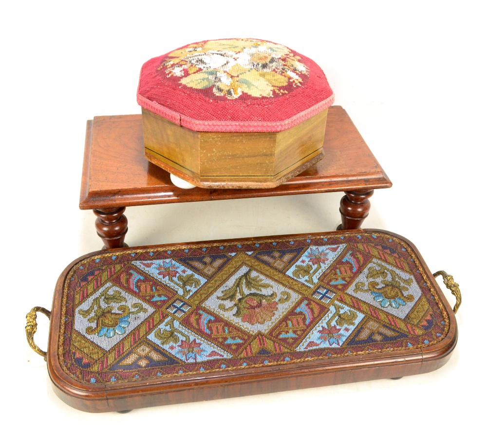 A mid-Victorian rosewood and bead work decorated twin handled rounded rectangular tray, length 59cm,