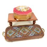A mid-Victorian rosewood and bead work decorated twin handled rounded rectangular tray, length 59cm,