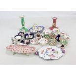 A group of Coalport miniatures and small items including chambersticks, jug and bowl,