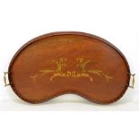 An Edwardian mahogany and inlaid kidney shaped twin handled tray with floral decorated, width 68cm.
