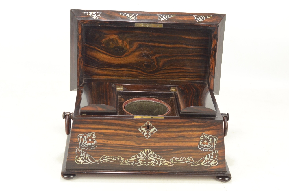 An early Victorian coromandel and mother of pearl inlaid tea caddy of sarcophagus form, - Image 2 of 2