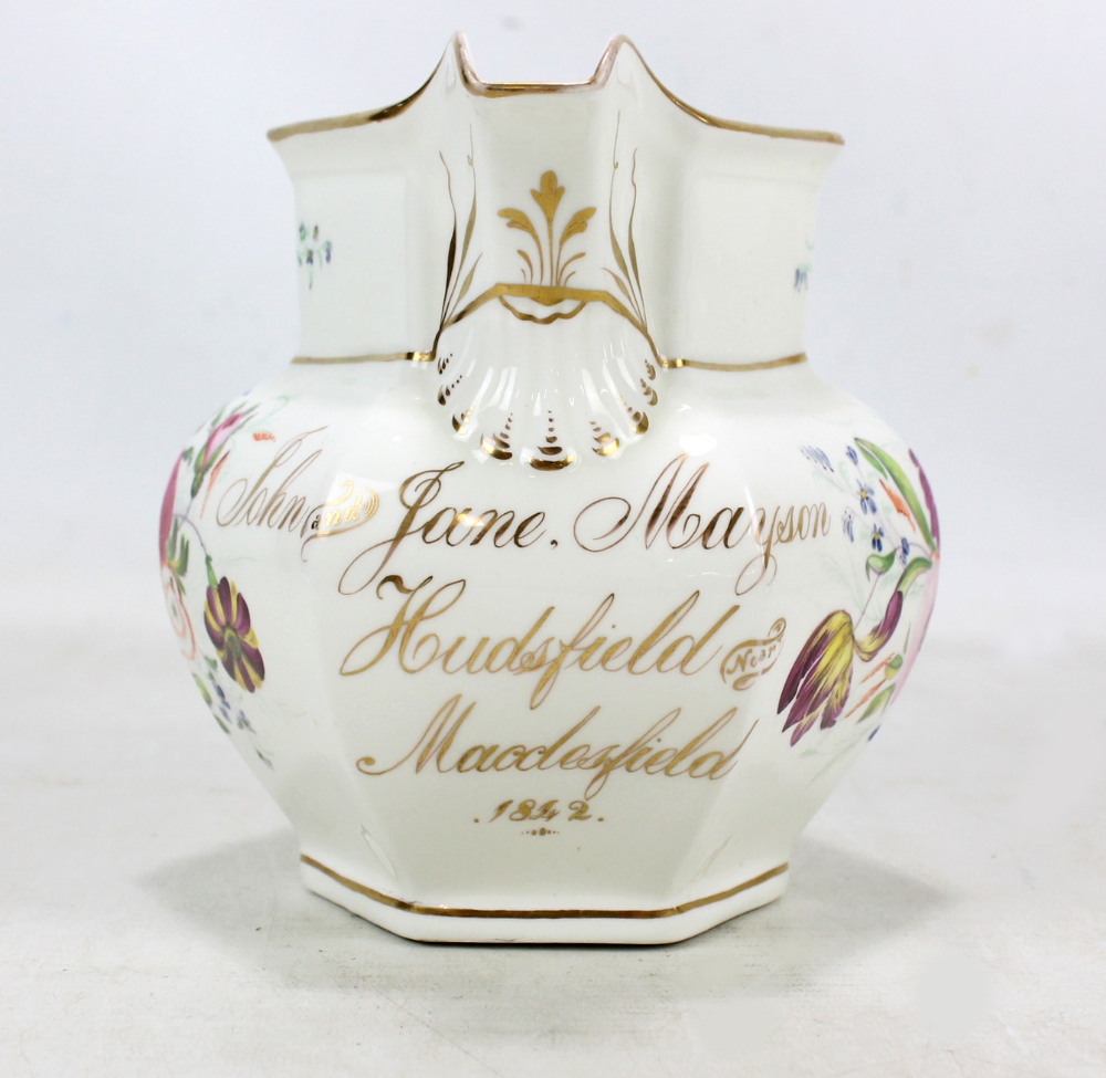 TJ & J MAYER OF LONGPORT; a small hexagonal jug of local interest, inscribed 'John and Jane Mayson,