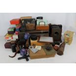 A mixed group of scientific instruments including Agro Bell transformer, View-Master stereoscope,