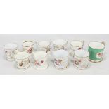 Ten Coalport floral painted and inscribed mugs including 'Jane Perkin 1849',