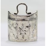 An early 19th century Dutch silver navette shaped spice box with concave hinged lid with swing