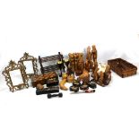 A small collection of treen including table skittles, also gilt heightened lacquered items, a pair