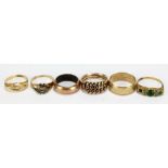 Three 9ct yellow gold dress rings (one af), an 18ct gold graduated five stone diamond ring, size