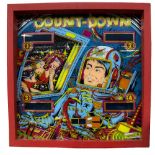 A Gottlieb 'Count-Down' pinball machine headboard circa 1979 or early 1980s, approx 65 x 66cm,