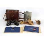A small lot of collectors' items comprising a vintage skipping rope, a plated hip flask, a pair of