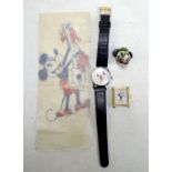 Two Mickey Mouse watches, a vintage Mickey Mouse painted metal head and a sheet of paper with