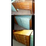 A pale green painted plan chest, width 121.5cm, a further 1930s/40s oak plan chest and a three