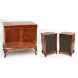 A burr walnut veneered stereo cabinet with contents comprising Sansui record player, Marantz