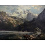 KONRAD PETRIDES (Austrian, 1864-1943); oil on card, mountainous landscape with lake to foreground,