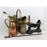A small group of metalware including a brass coal bucket, a floral embossed wall pocket, horse