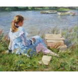 VLADIMIR GUSEV (Russian, born 1957); oil on canvas, girl seated by a lake, signed lower right with