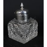 JAMES DEAKIN & SON; a Victorian hallmarked silver topped hobnail cut glass inkwell of square form,