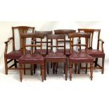 Two 19th century splat back elbow chairs with faux leather stuffover seats, a set of three 19th