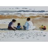 ROB PIERCY (born 1946); watercolour, a family sat on the beach, signed in pencil to lower right,