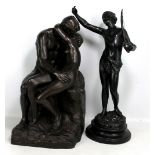 Two bronze effect resin figures, one modelled as nude man and woman embracing, height 62cm (2).