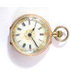 A late 19th/early 20th century 9ct gold open faced crown wind fob watch, the circular enamel