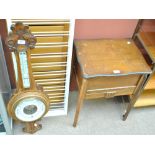 A 20th century oak sewing table, width 46cm, a coal purdonium and a barometer (3).