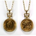 An Elizabeth II full sovereign, 1976, in 9ct yellow gold cast foliate decorated detachable pendant