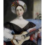 19TH CENTURY ENGLISH SCHOOL; portrait study of a young woman wearing turban and playing guitar,