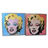 AFTER ANDY WARHOL; two coloured prints depicting Marilyn Monroe, each approx 64 x 64cm, both