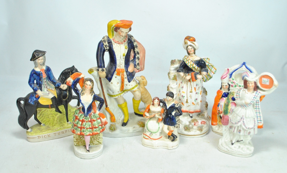 A group of 19th century Staffordshire flatback figures to include 'Dick Turpin', a figure group of