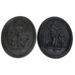 WEDGWOOD; a pair of black basalt oval plaques relief decorated with classical figures, both with