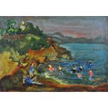 ABRAHAM MINTCHINE (Ukrainian, 1898-1931); oil on canvas, landscape with figures bathing in a coastal
