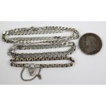 A silver flat link chain necklace, length 52cm, and a similar bracelet, length 23cm, also an open