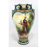 ROYAL WORCESTER; an early 20th century hand painted and gilt heightened baluster vase, with flared