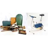 A mixed lot including vintage sporting equipment, pair of crutches, ice skates, cased picnic set,