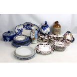 A mixed group of ceramics including iron stone blue and white toilet bowl and jug, J.H. Jones & Sons