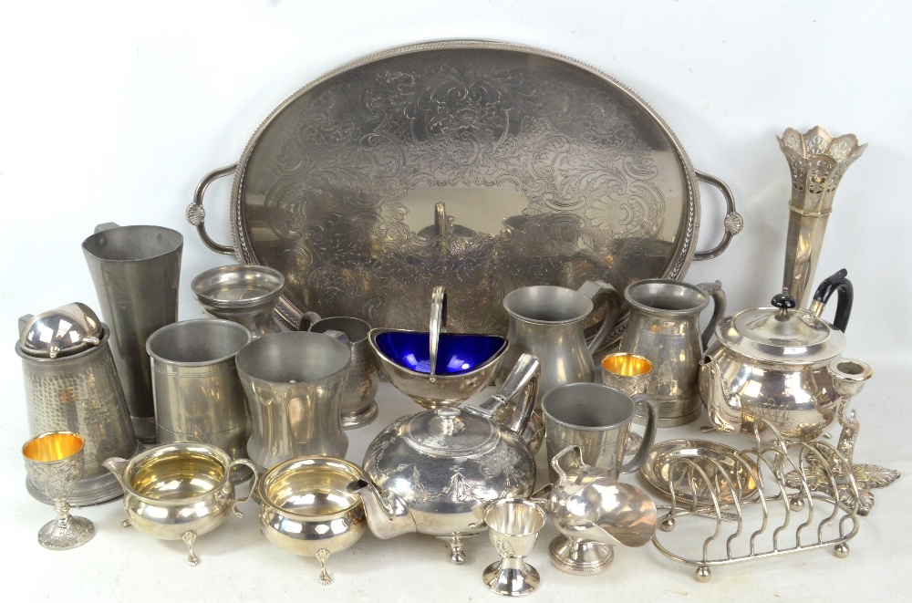 A mixed lot of electroplated items including a twin handled tray, a tea set, bonbon dish, etc.