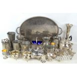 A mixed lot of electroplated items including a twin handled tray, a tea set, bonbon dish, etc.