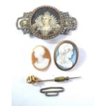 A Victorian yellow metal framed oval cameo brooch depicting the bust of Bacchus, 3.5 x 3cm, a