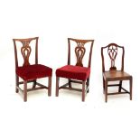 A pair of George III Country Made splat back dining chairs with padded stuff-over seats and square