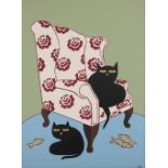 NICOLA WARD-TONKINSON; acrylic on board, 'At Home', two black cats with one seated on armchair and