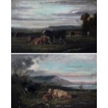 JEAN HENRY QUINTON (19th century); a pair of oils on canvas, cattle pasture scene with figures and