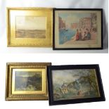 Three watercolours to include Giovanni Barbaro, Venetian canal figural scene with four females to